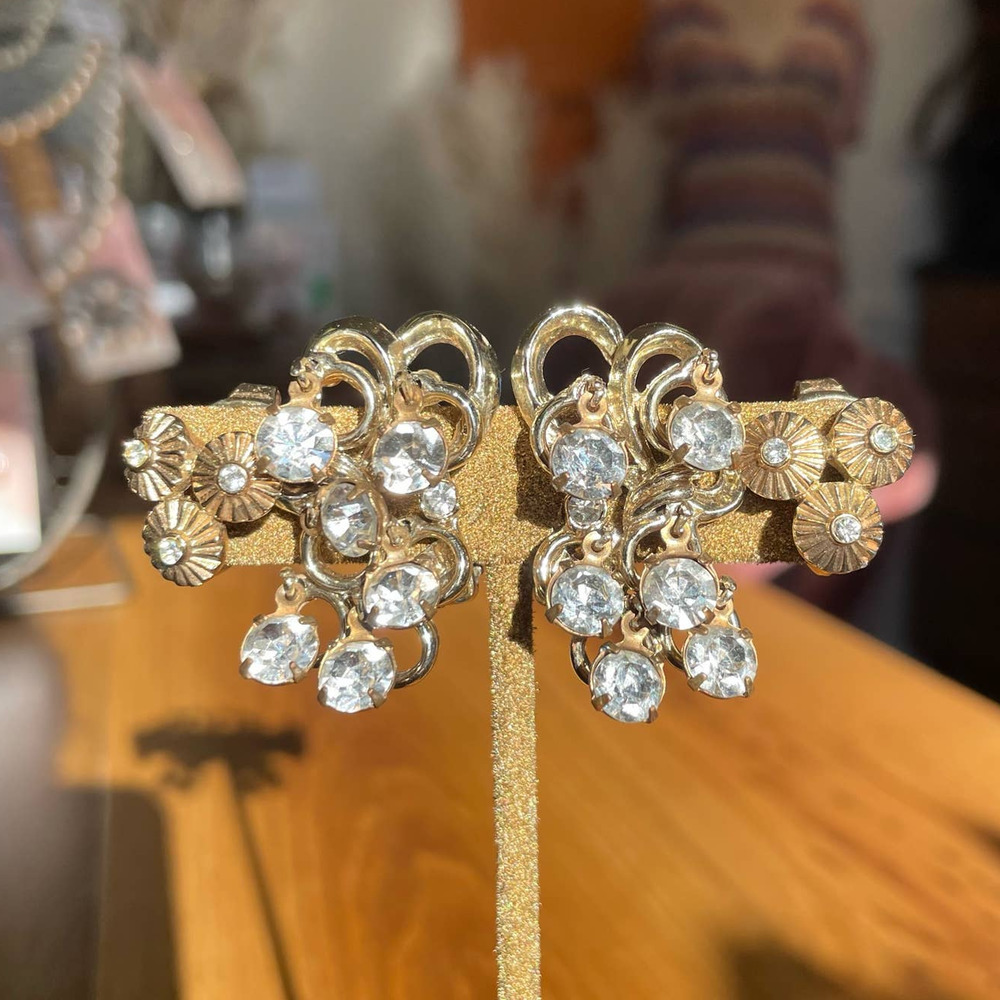Skyler Set - Vintage 1960s Gold Tone Rhinestone Clip on Costume Earring Set